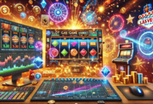 Online slot reels spinning with bright colors on a casino screen