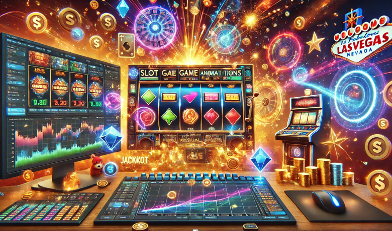 Online slot reels spinning with bright colors on a casino screen